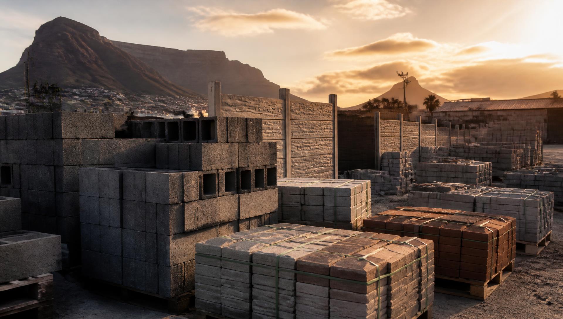 Stacks of cement blocks, paving slabs and vibracrete panels at the Retreat Block and Brick yard in Cape Town